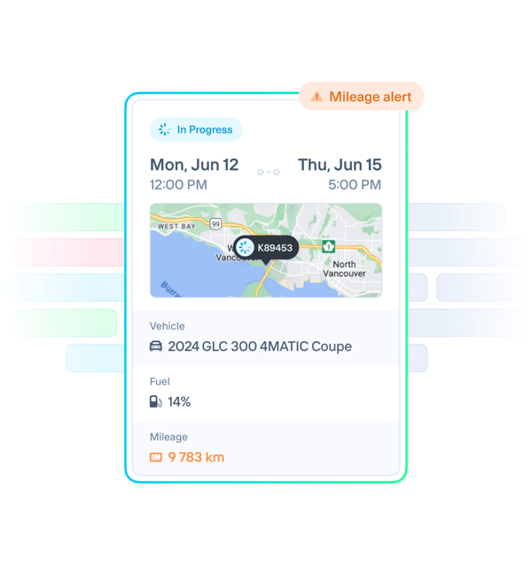 Vehicle status interface showing mileage alert, map, and vehicle details.