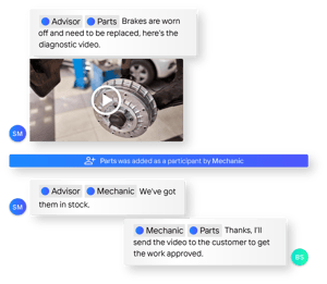 Advisor and mechanic sharing important customer information regarding a repair order which include a video of worn brakes