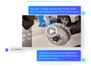 A text conversation with a customer that includes a video sent to show that the brakes need replacement