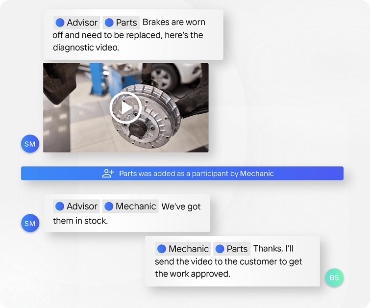 Internal conversation between advisors, parts and mechanics