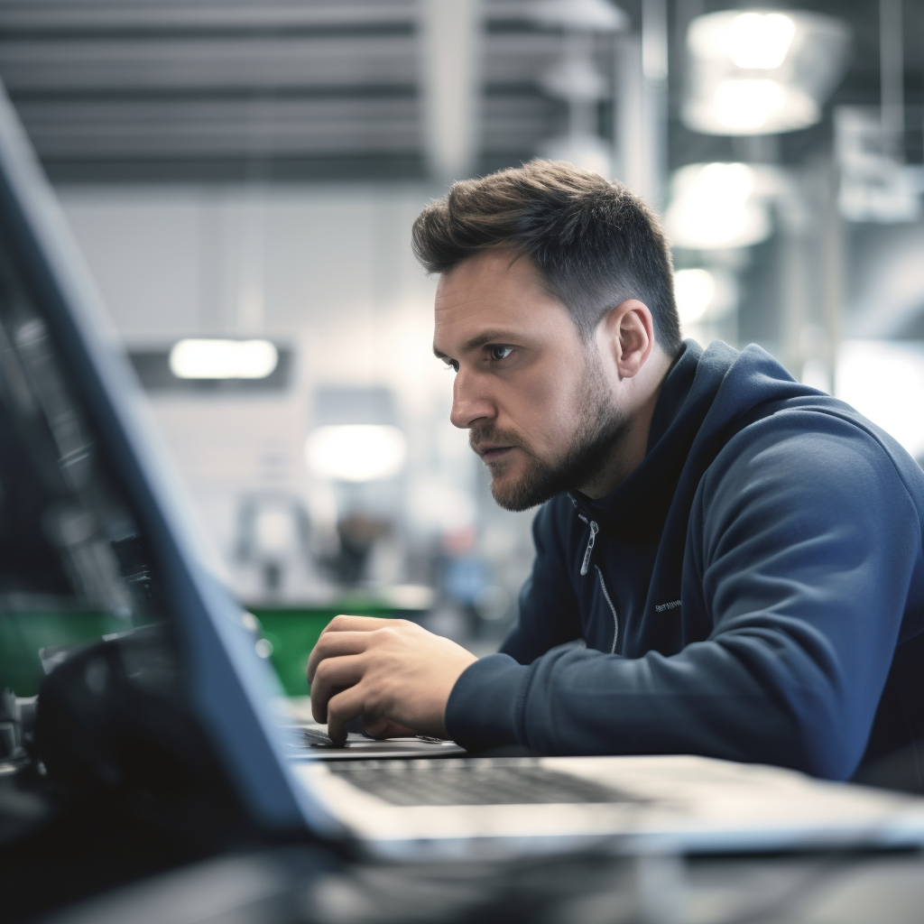 A service advisor working on his computer